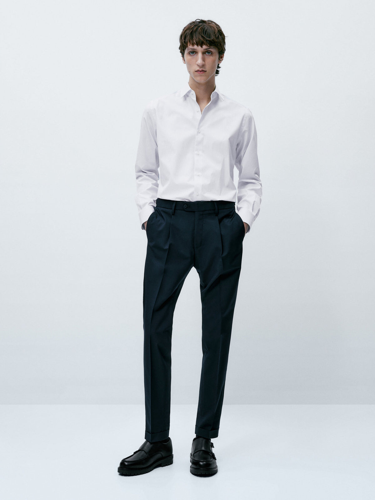 Camisa rayas algodón slim fit - CELESTE