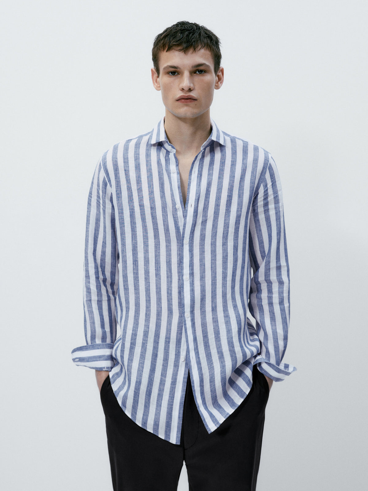 Camisa rayas anchas 100% lino slim fit - AZUL MARINO