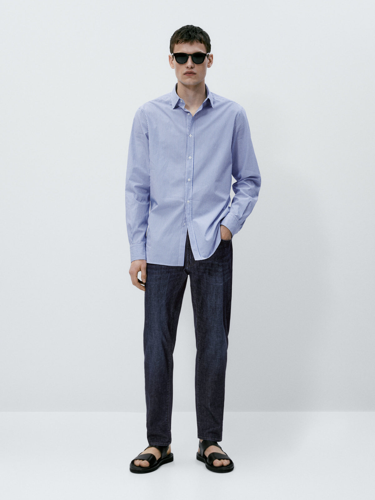 Camisa popelín rayas algodón slim fit - CELESTE
