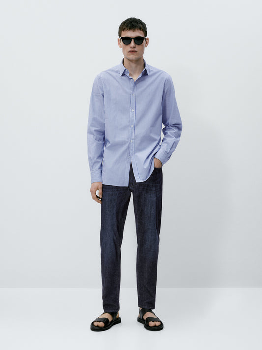 Camisa popelín rayas algodón slim fit - CELESTE