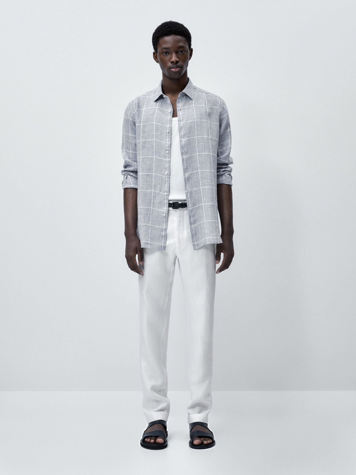 Camisa cuadros mezcla lino slim fit - CELESTE