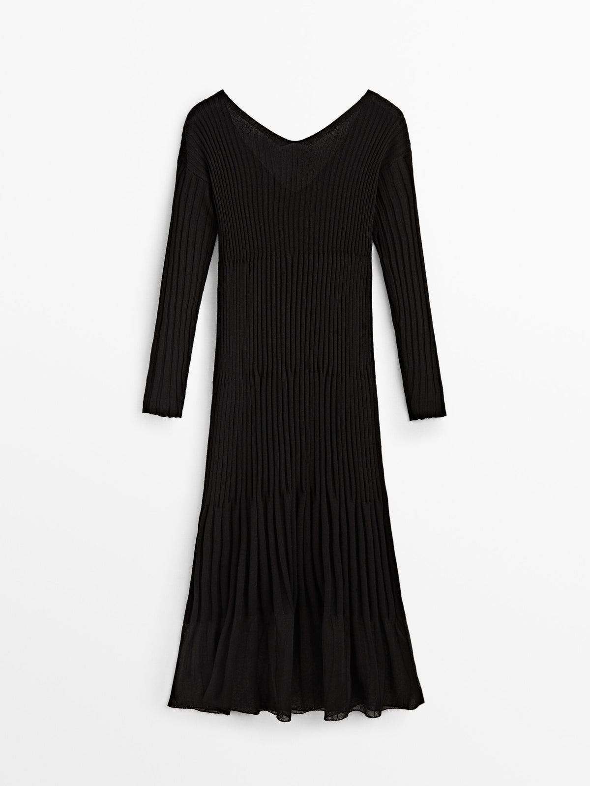Vestido largo canalé negro cuello pico - NEGRO