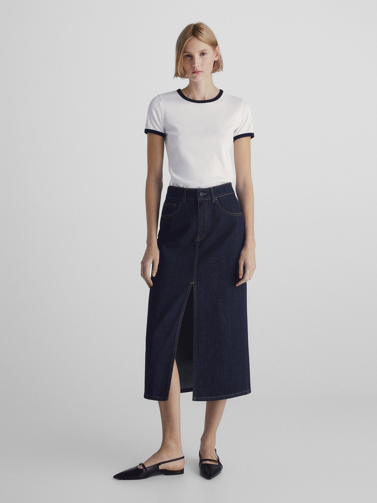 Falda denim tiro alto - AZUL MEDIO
