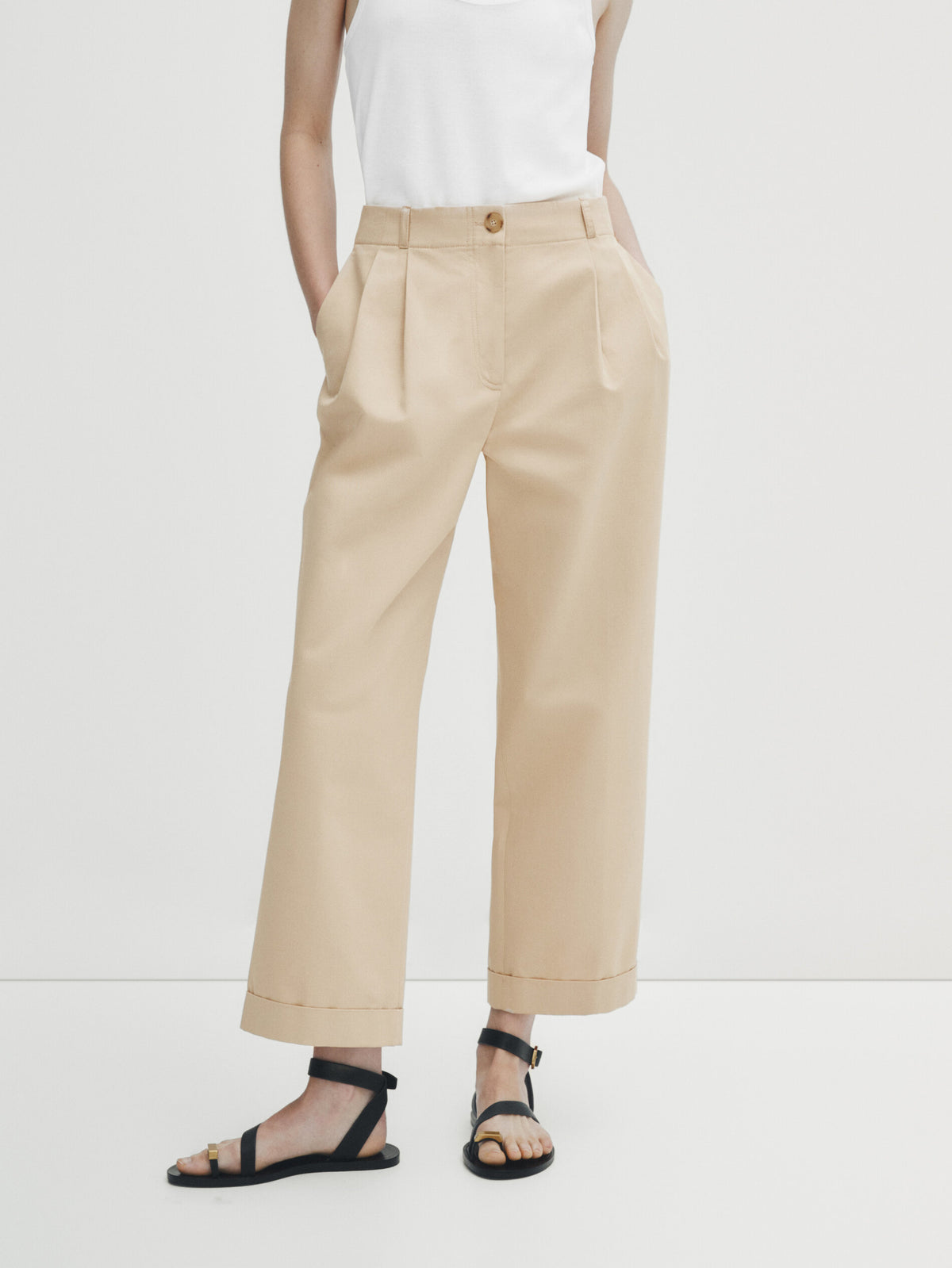 Pantalón pinzas cintura elástica - Beige Claro