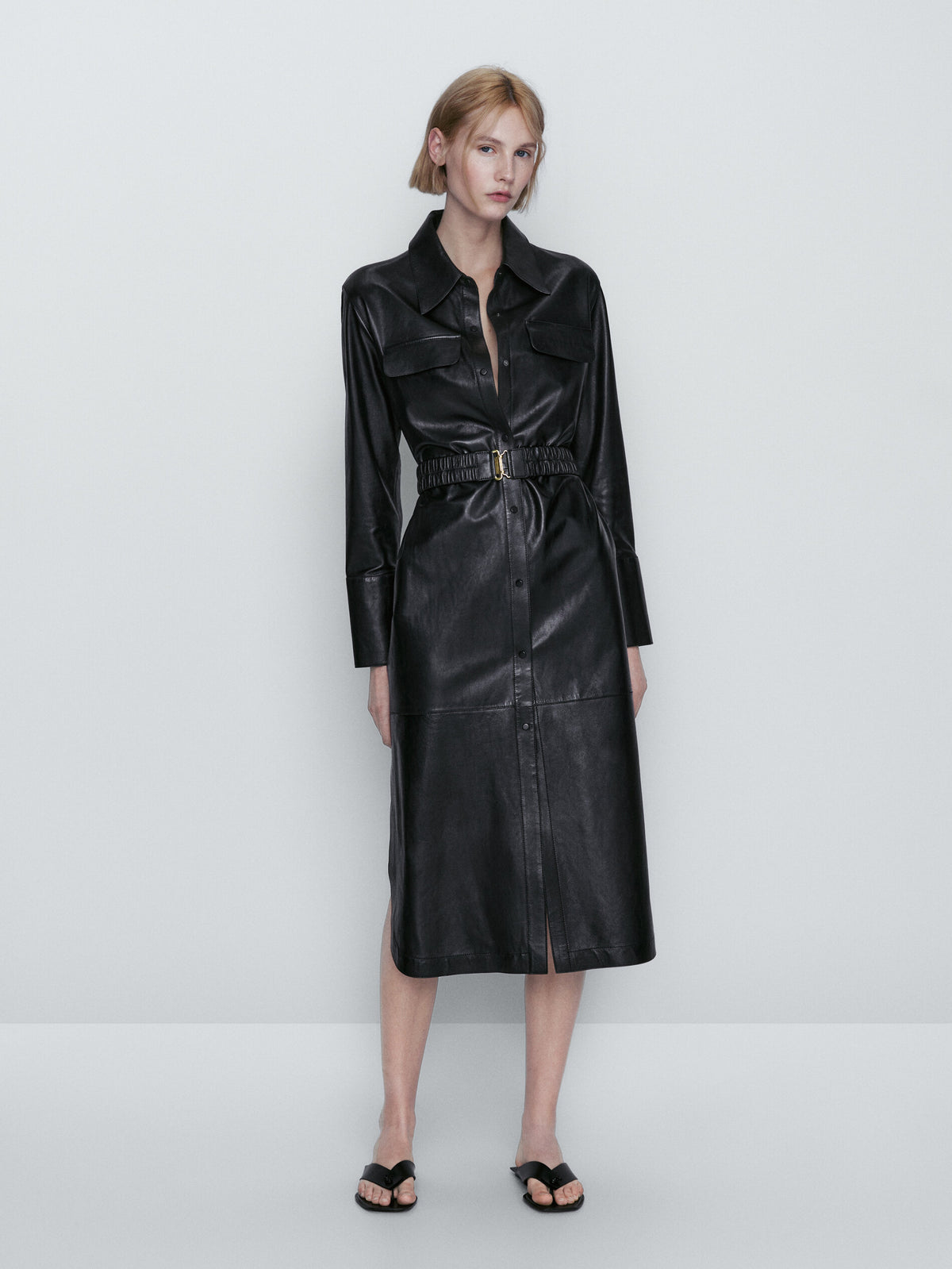 Vestido piel napa cinturón elástico - NEGRO