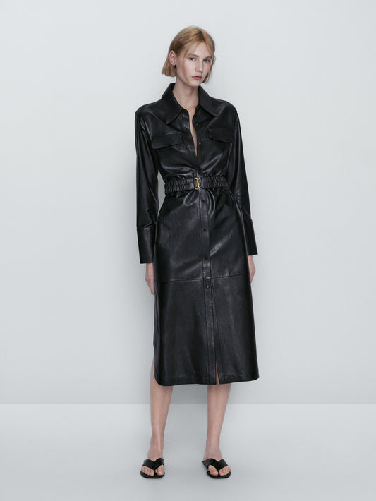 Vestido piel napa cinturón elástico - NEGRO
