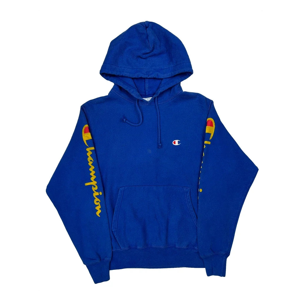Reverse Weave Champion Spellout Hoodie - Medium Blue Cotton