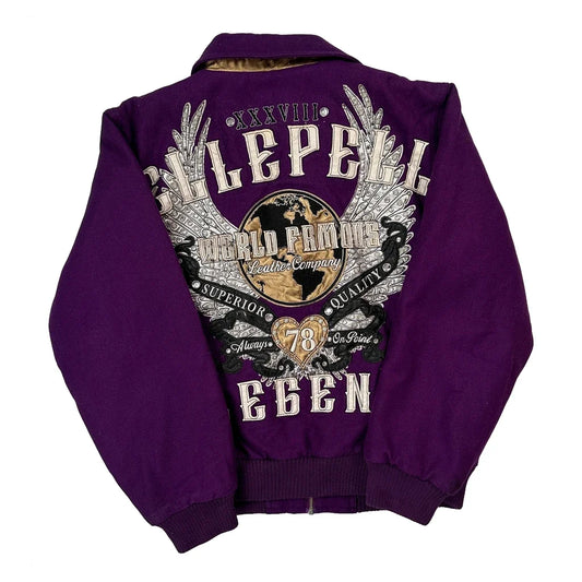 Pelle Graphic Bomber Jacket - Large Purple Wool Blend