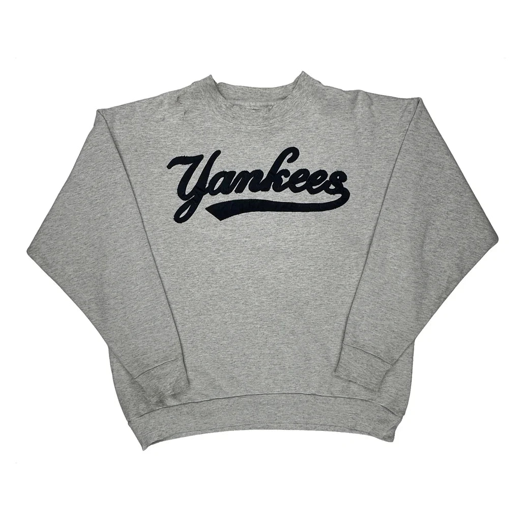 90S Yankees Majestic Spellout Sweatshirt - XL Gray Cotton Blend
