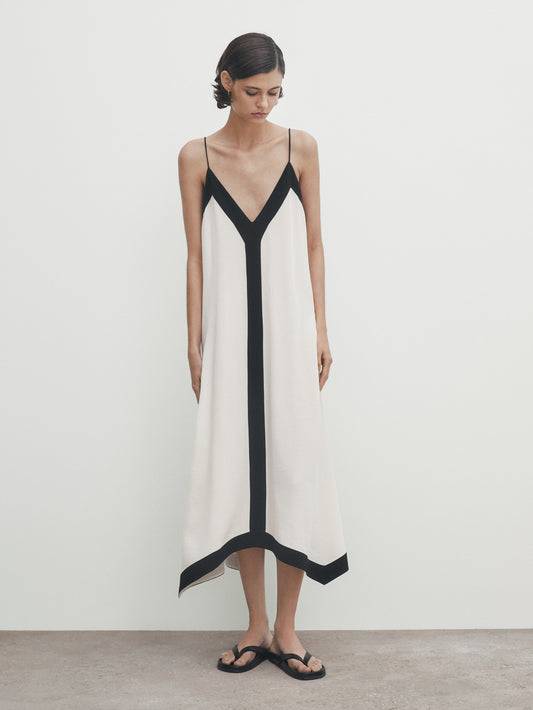 Vestido tirantes escote pico contraste - CRUDO
