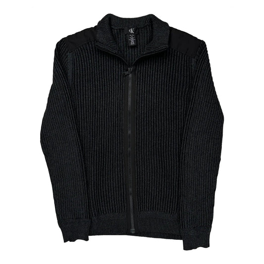 Y2K Calvin Klein Ribbed Knit Zip Up - XL Black Cotton