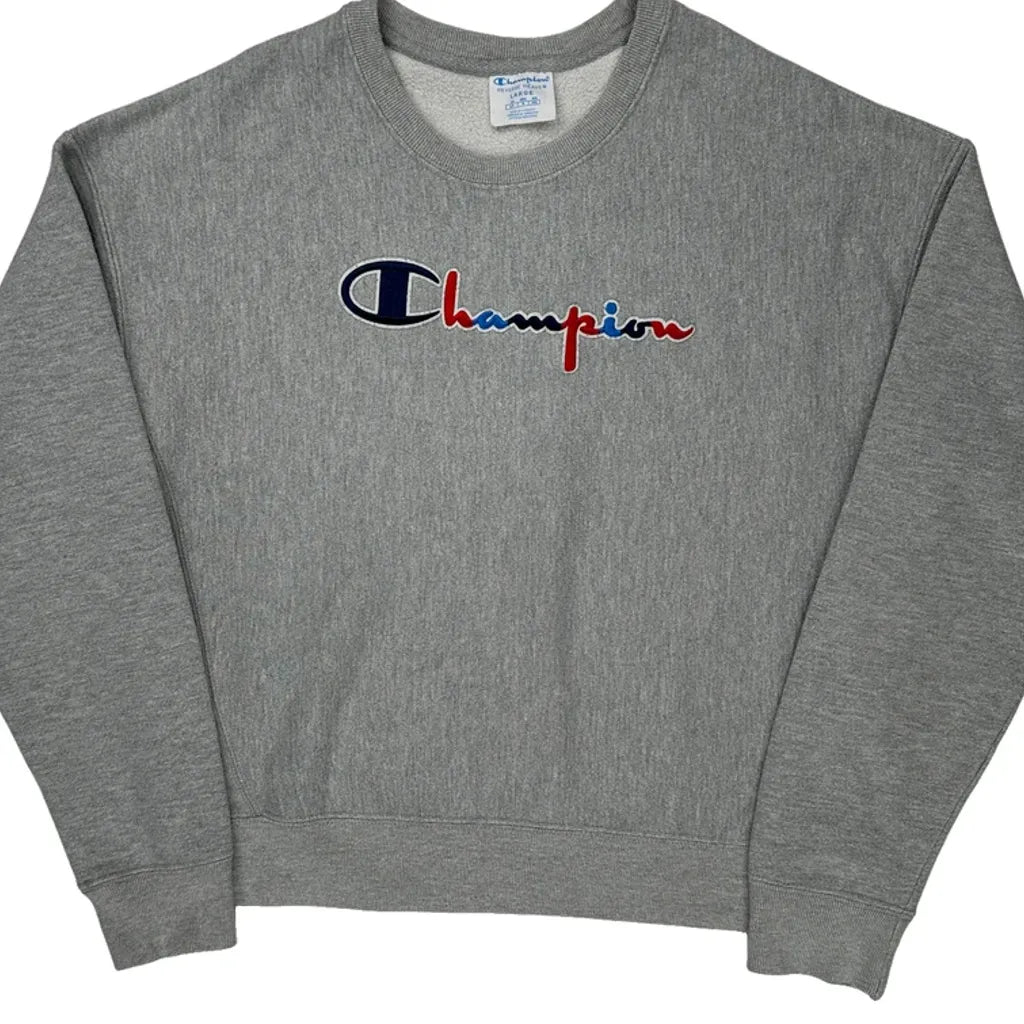 Reverse Weave Champion Spellout Sweatshirt - Large Gray Cotton