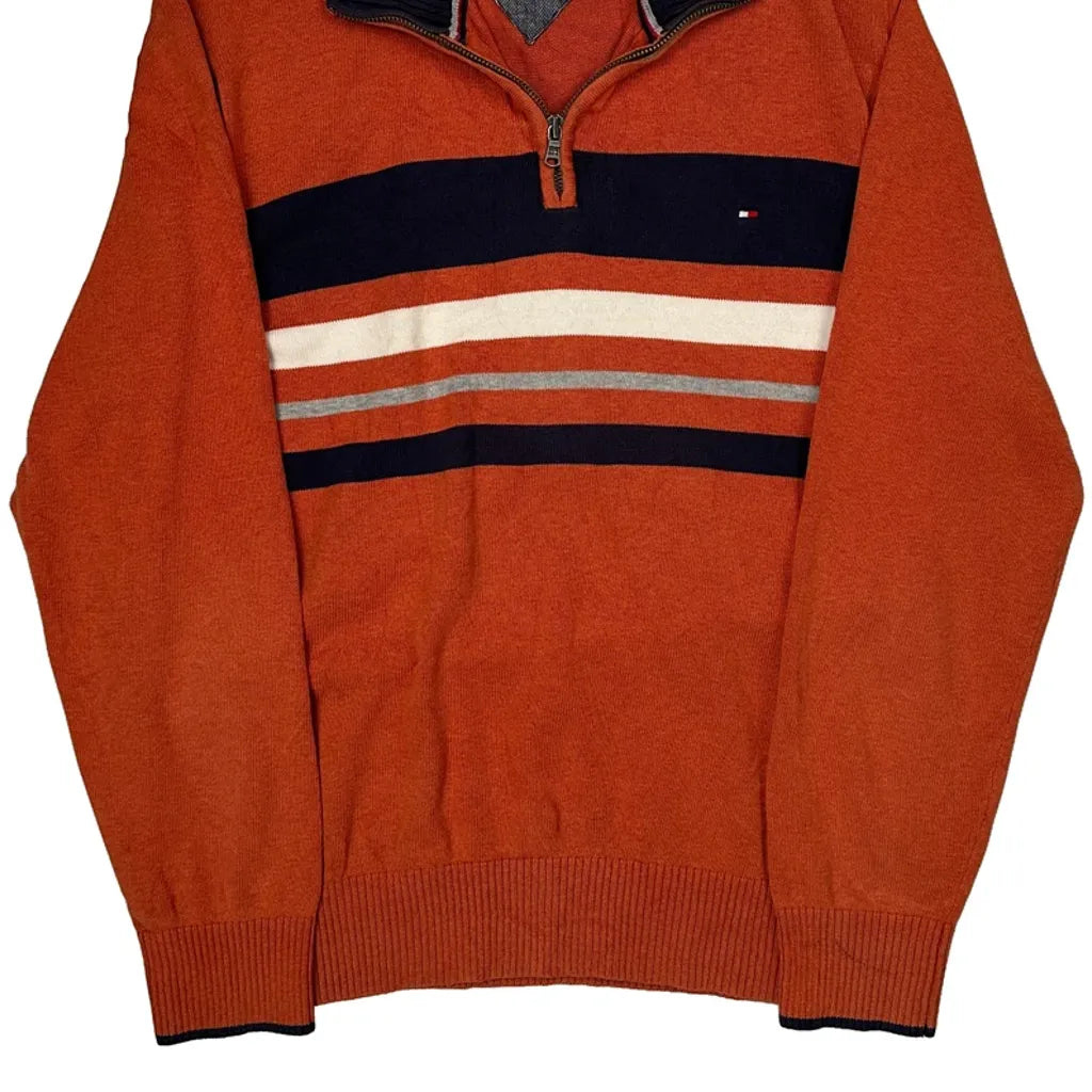 Tommy Hilfiger Striped 1/4 Zip - Large Orange Cotton