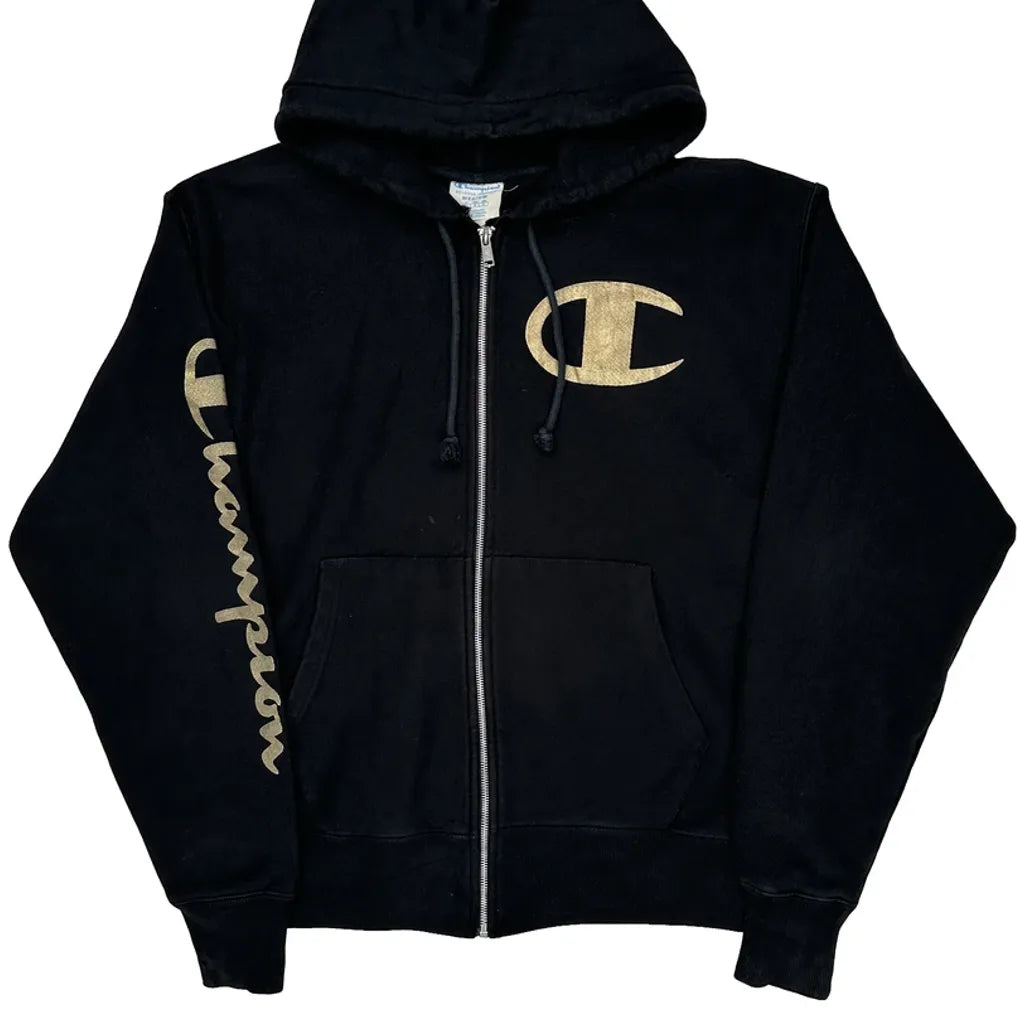 Reverse Weave Champion Spellout Hoodie - Medium Black Cotton Blend