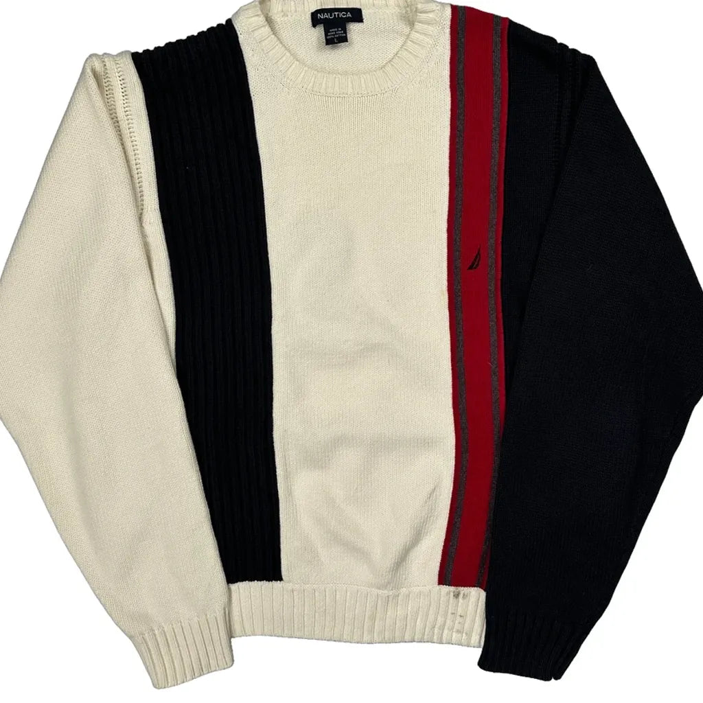 Nautica Striped Sweater - Large Black Cotton