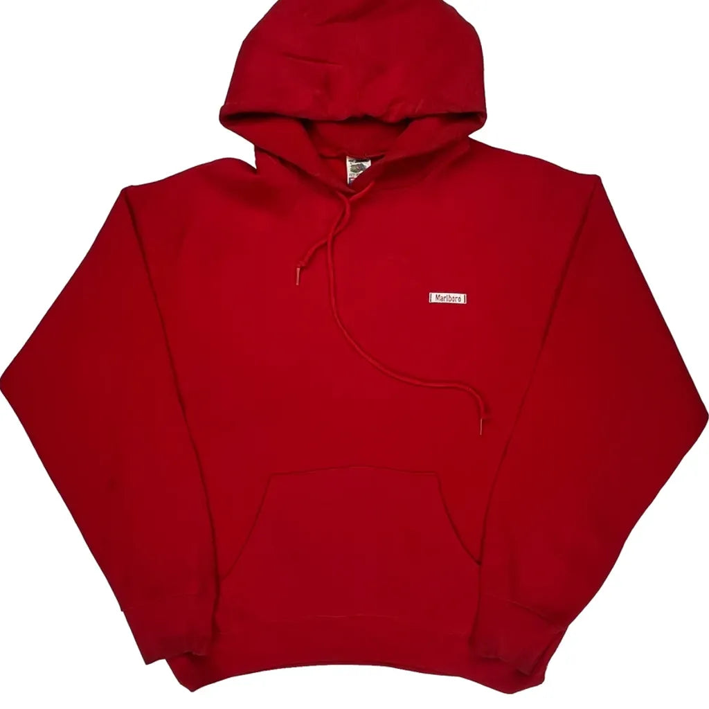 Made In USA Marlboro Fruit Of The Loom Graphic Hoodie - Large Red Cotton Blend