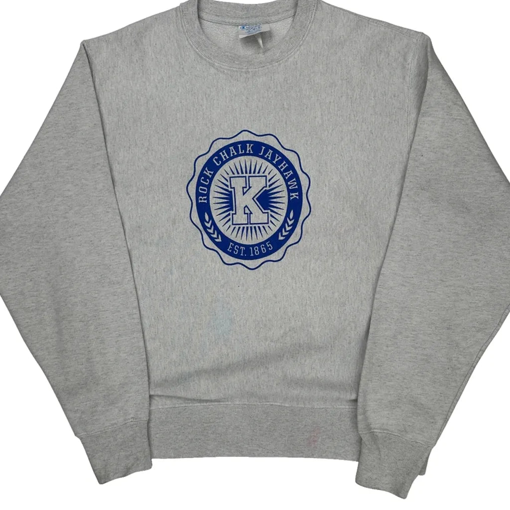 Reverse Weave Champion Rock Chalk Jayhawk Graphic Sweatshirt - Medium Gray Cotton