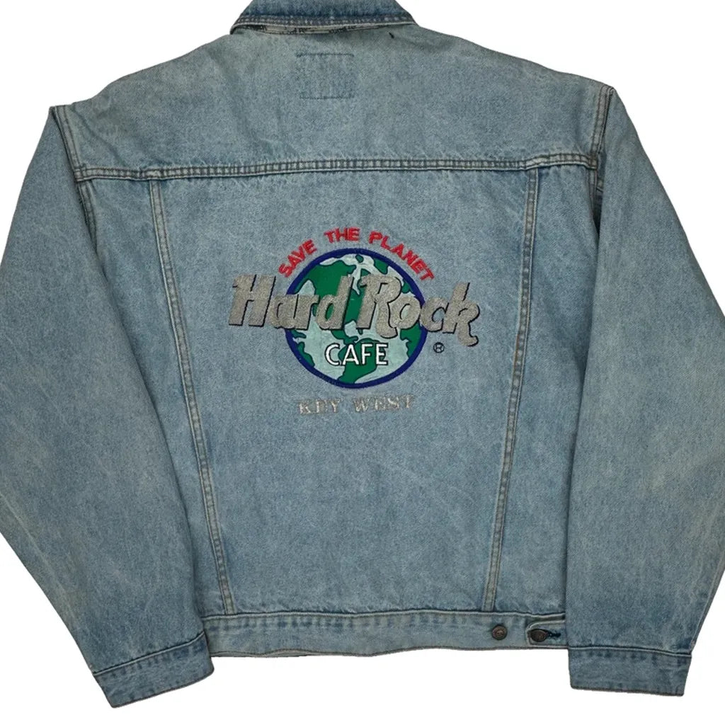 Hard Rock Cafe Graphic Denim Jacket - Large Blue Cotton