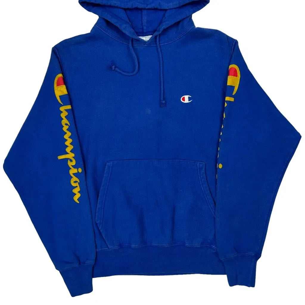 Reverse Weave Champion Spellout Hoodie - Medium Blue Cotton