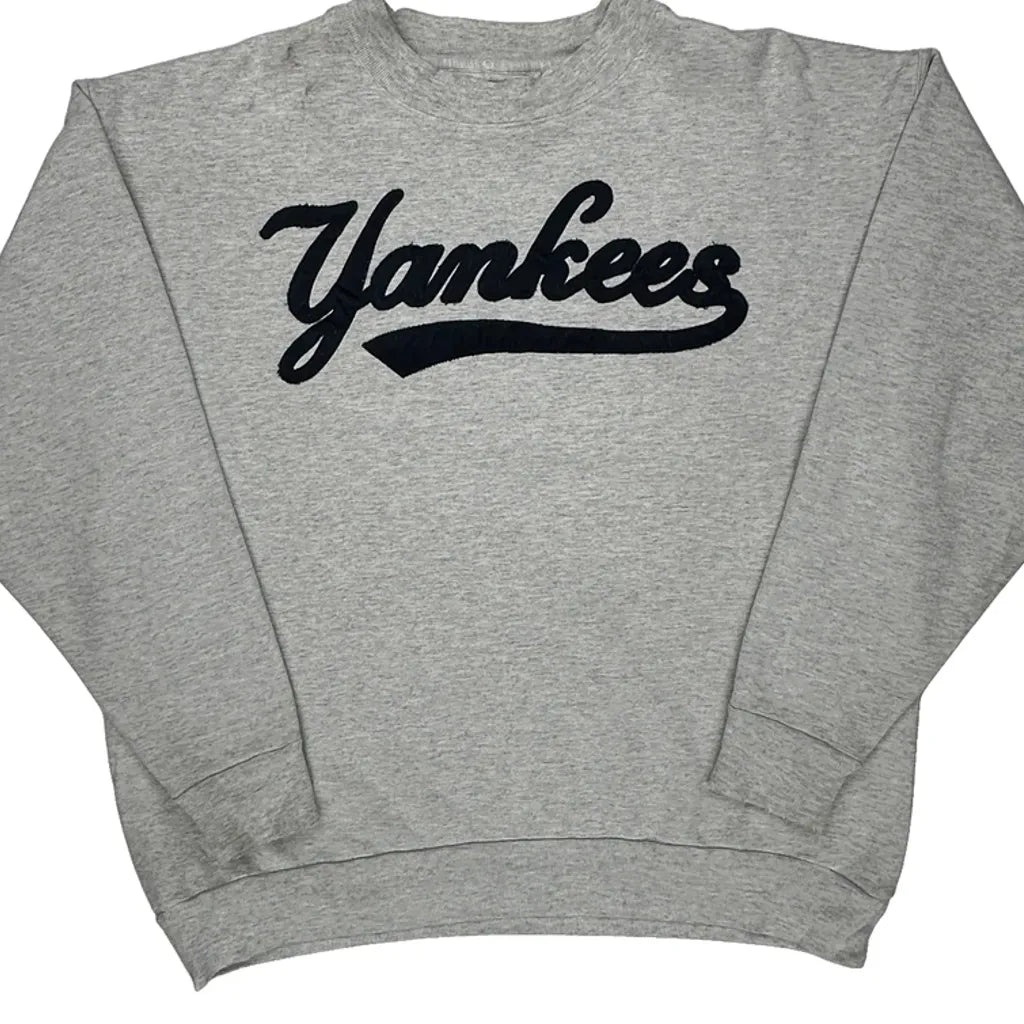 90S Yankees Majestic Spellout Sweatshirt - XL Gray Cotton Blend