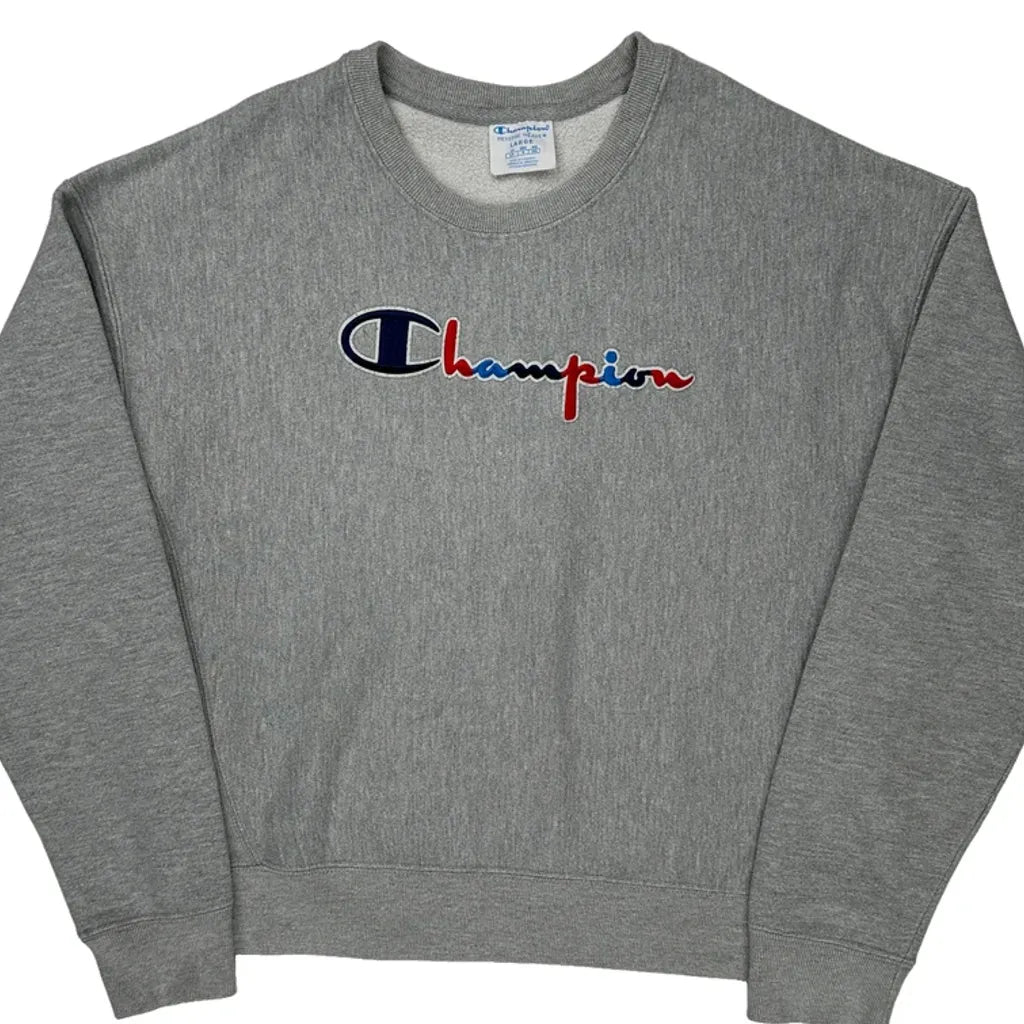 Reverse Weave Champion Spellout Sweatshirt - Large Gray Cotton