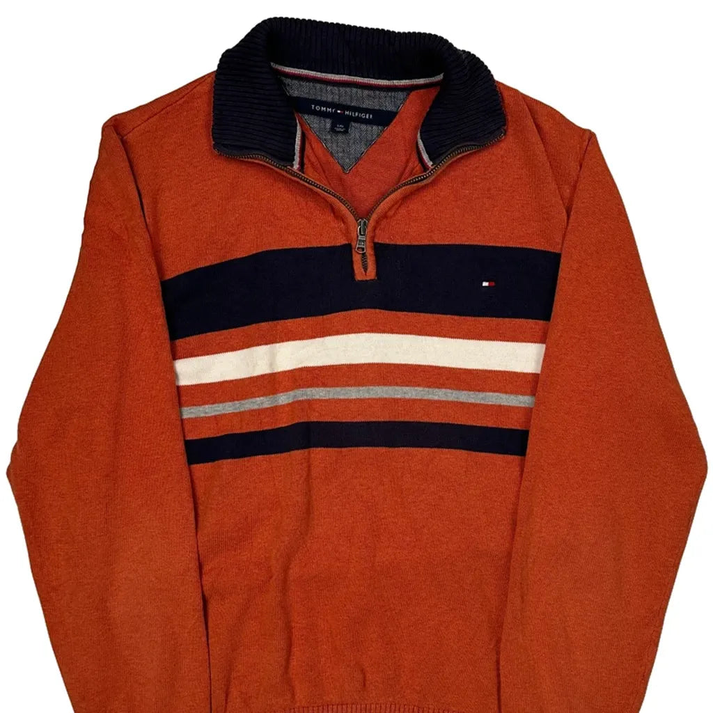 Tommy Hilfiger Striped 1/4 Zip - Large Orange Cotton