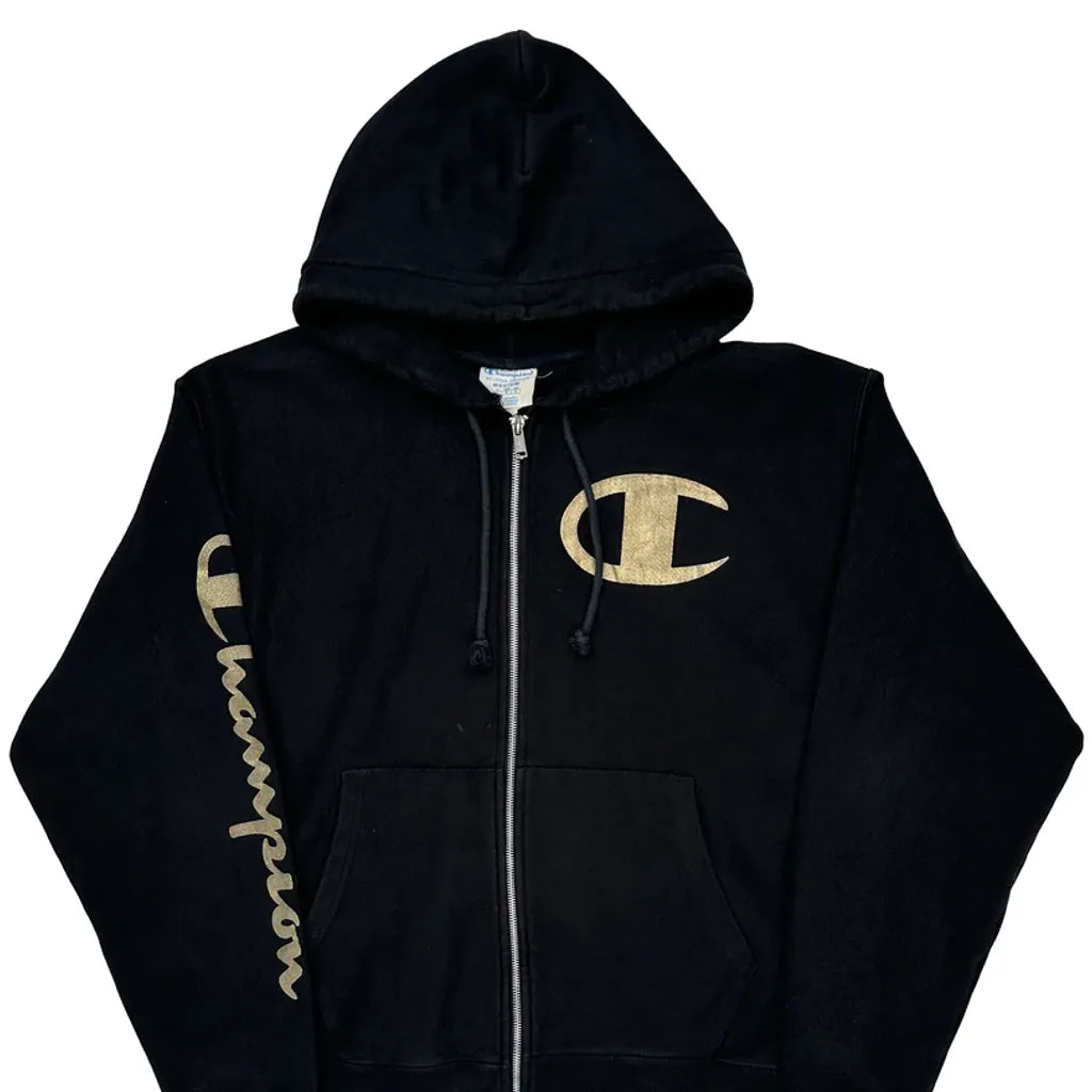 Reverse Weave Champion Spellout Hoodie - Medium Black Cotton Blend