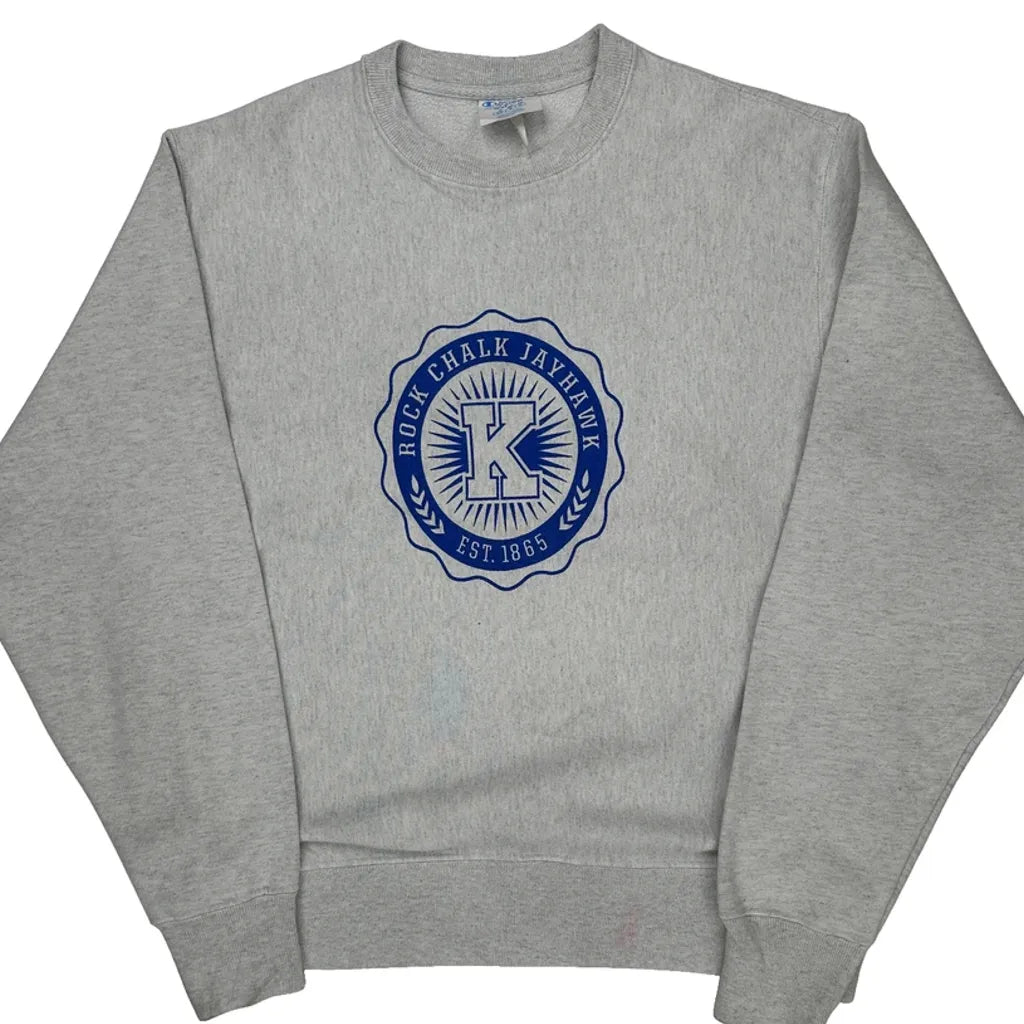 Reverse Weave Champion Rock Chalk Jayhawk Graphic Sweatshirt - Medium Gray Cotton