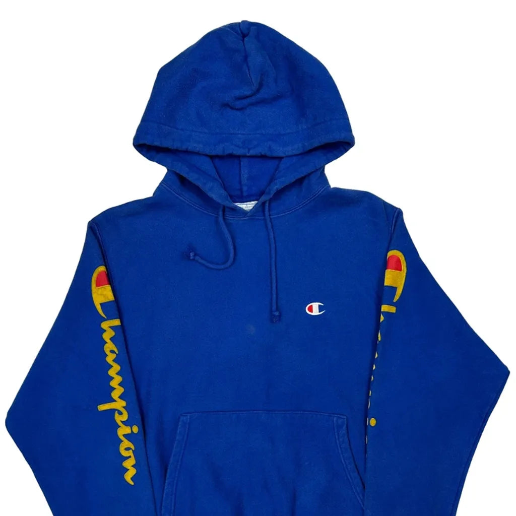Reverse Weave Champion Spellout Hoodie - Medium Blue Cotton